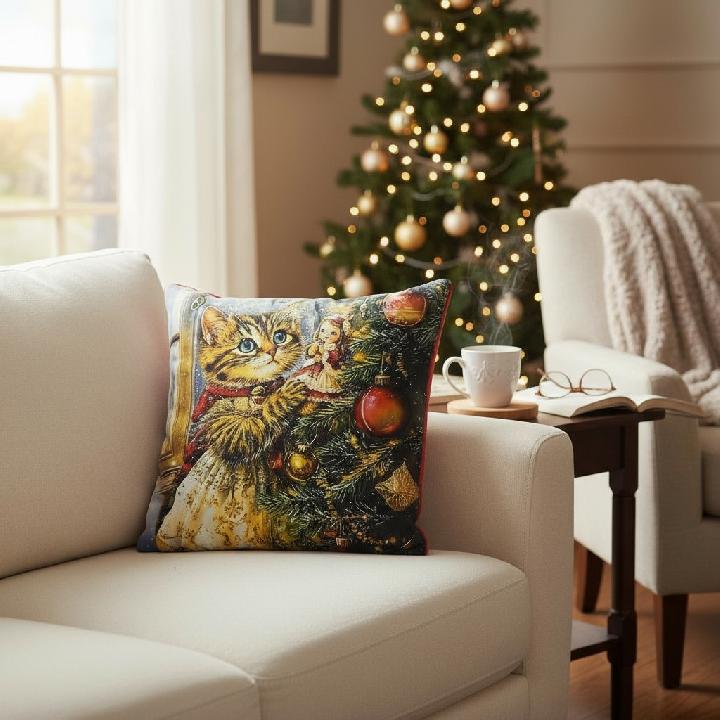 Подушка декоративная Фабрика Новый год Кошечка Мурка украшает Новогоднюю елку
