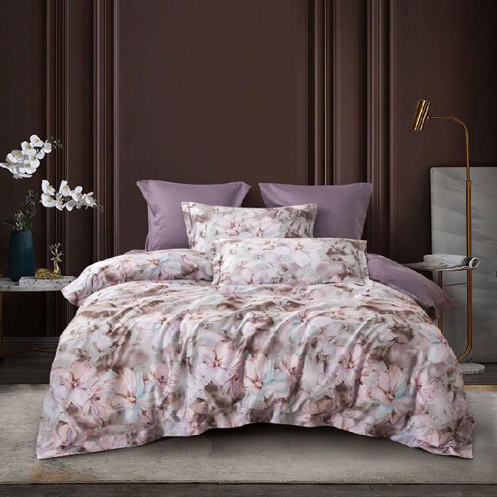 Комплект постельного белья евро Asabella, цветы серо-розовые