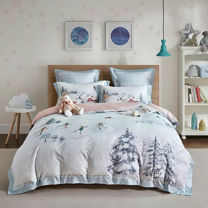 Комплект постельного белья евро Anabella Asabella зимний пейзаж на светло-сером