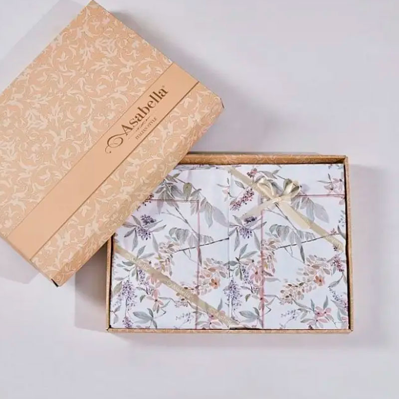 Комплект постельного белья евро Anabella Asabella, цветы на белом, простыня бежево-розовая