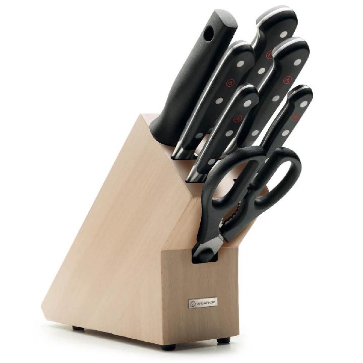 Набор кухонных ножей 5 шт.+кухонные ножницы+мусат на св.дерев.подставке "Classic"