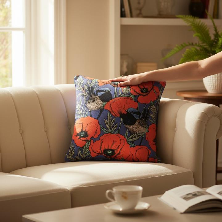 Подушка декоративная Фабрика Цветы Красно-розовые маки на синем фоне