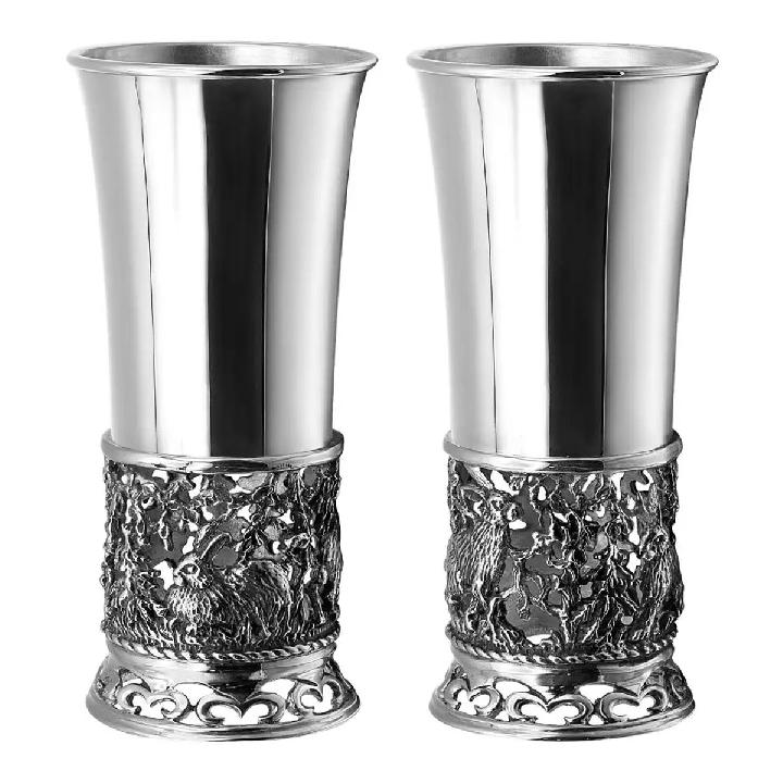 Набор рюмок Кольчугинский Мельхиор Охотничий домик Зайцы посеребрение с чернением 2шт в футляре