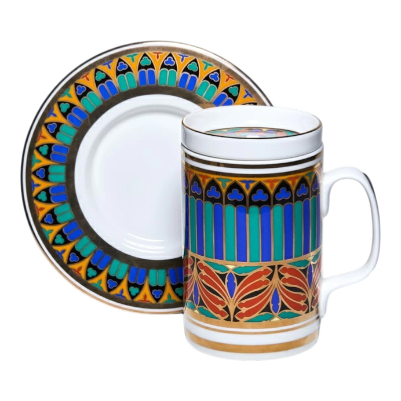 Кружка с блюдцем и крышкой Императорский фарфоровый завод Готический