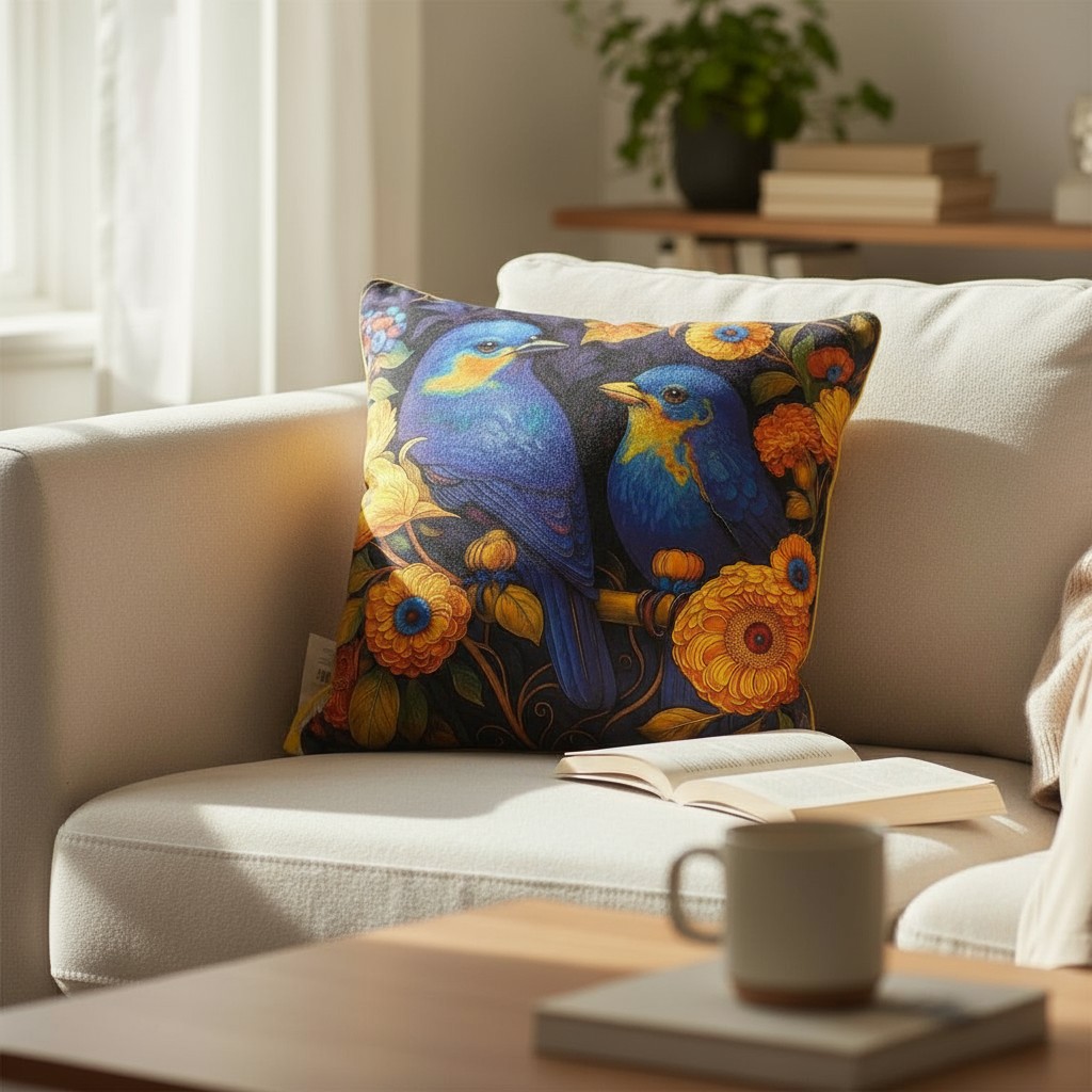 Подушка декоративная Фабрика Цветы Синие птички в желтых цветах