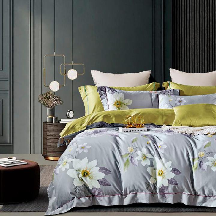 Комплект постельного белья евро Anabella Asabella, цветы на серо-голубом, простыня оливковая
