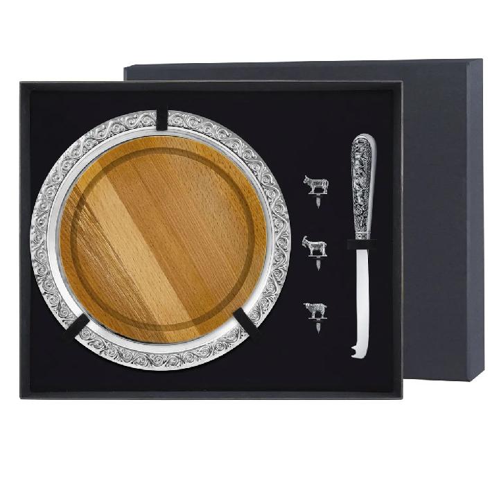 Набор для сыра Кольчугинский Мельхиор Охотничий домик Лось, посеребренный с чернением