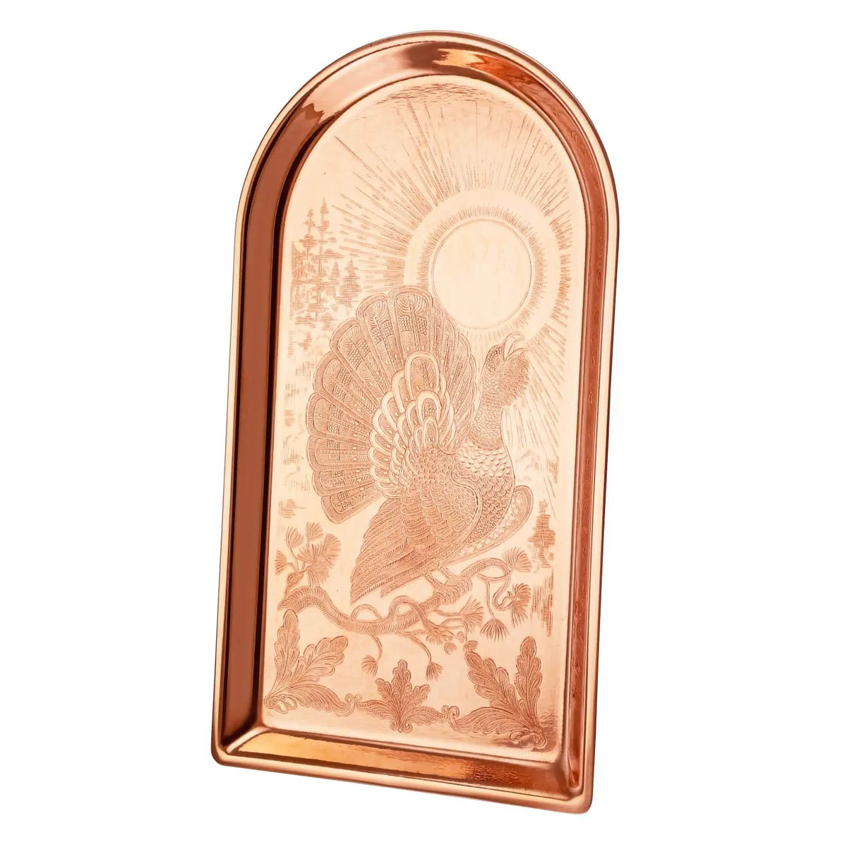 Поднос для чая медный Кольчугинский Мельхиор Глухарь с гравировкой