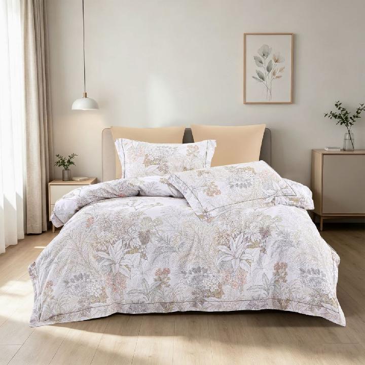 Комплект постельного белья евро Anabella Asabella растения на бледно-сером, бежево-персиковая простыня