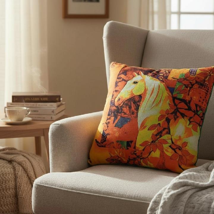 Подушка декоративная Фабрика Лошади Белый конь, золотая листва