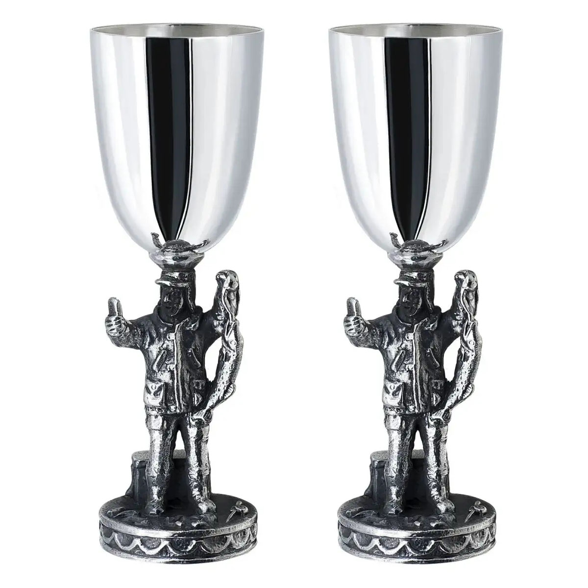 Набор рюмок Кольчугинский Мельхиор Охотничий домик Рыбак посеребрение с чернением 2шт в футляре