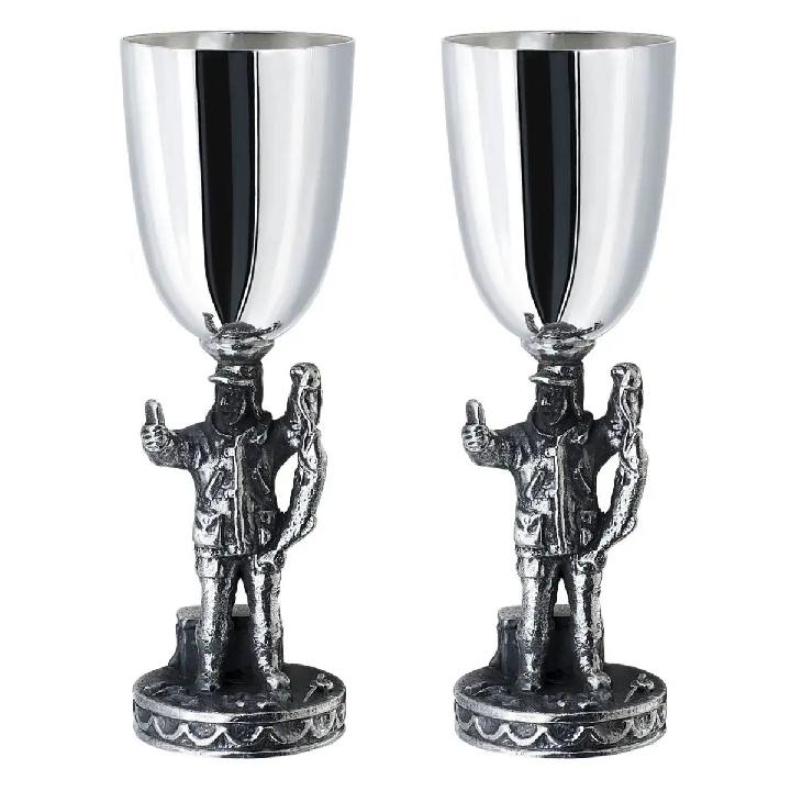 Набор рюмок Кольчугинский Мельхиор Охотничий домик Рыбак посеребрение с чернением 2шт в футляре