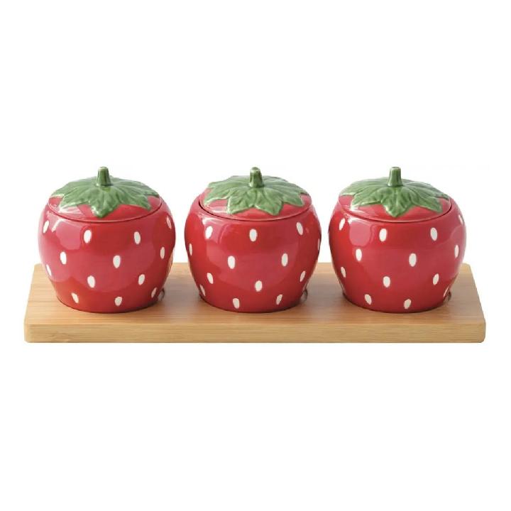 Набор банок для хранения Клубника/Strawberry, 3шт.7,5x8см на подносе 25x9см