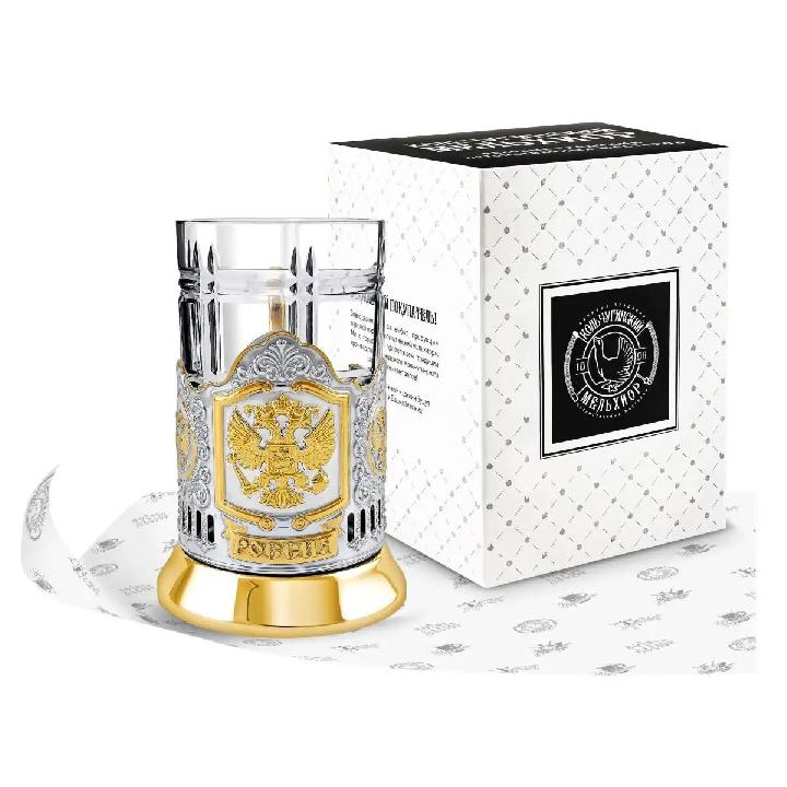 Стакан в подставканнике Кольчугинский Мельхиор Герб РФ никель с чернением