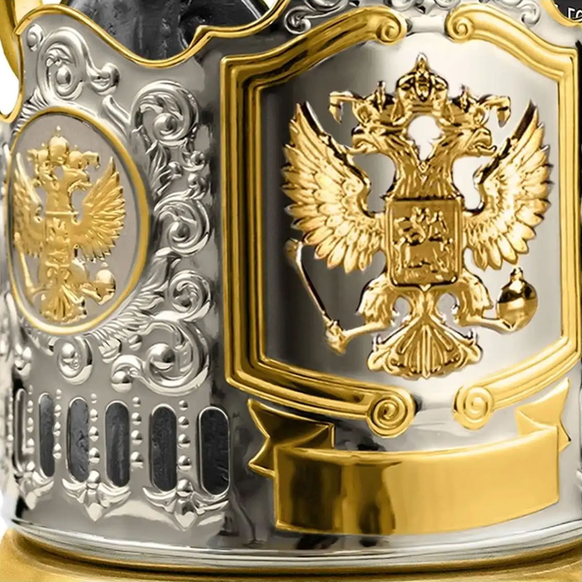 Стакан в подставканнике Кольчугинский Мельхиор Герб РФ никель с чернением