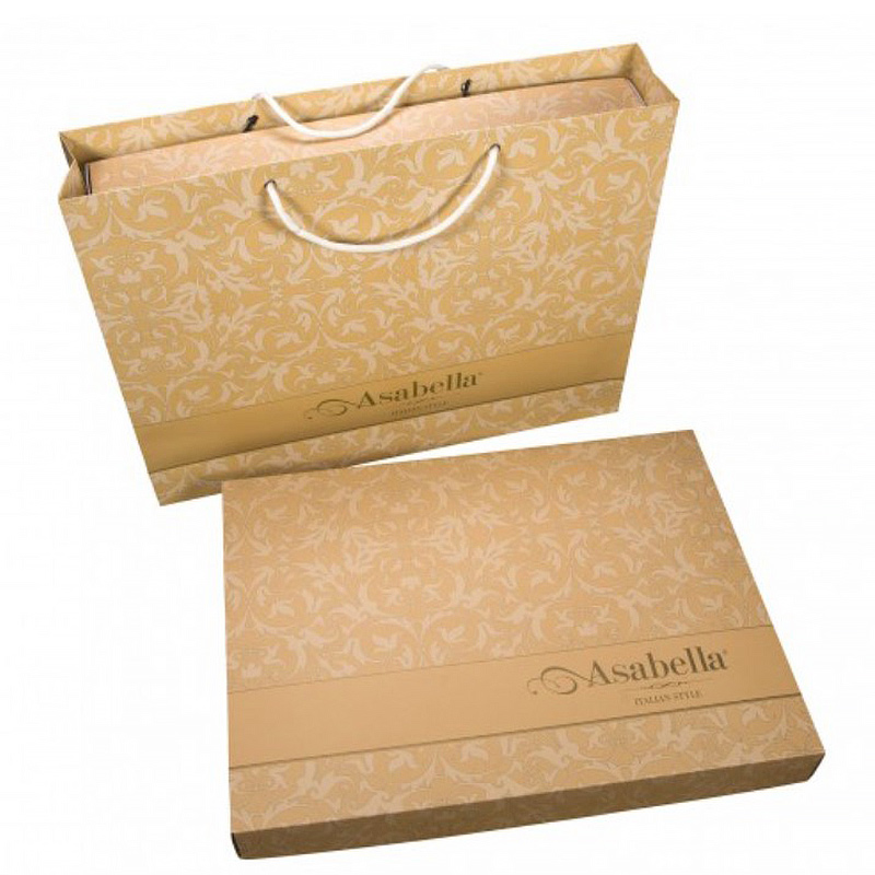 Комплект постельного белья евро Anabella Asabella, листья на светло-сером, простыня светло-бежевая