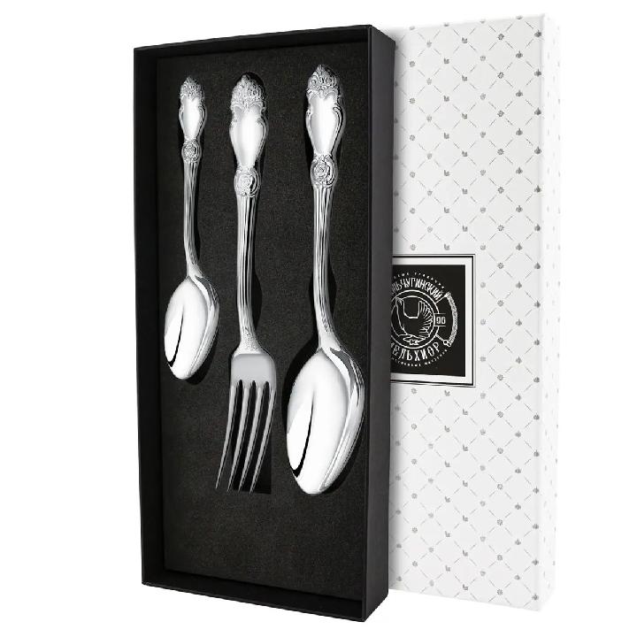 Набор столовых приборов Кольчугинский Мельхиор Серебряная роза, 3 предмета в футляре