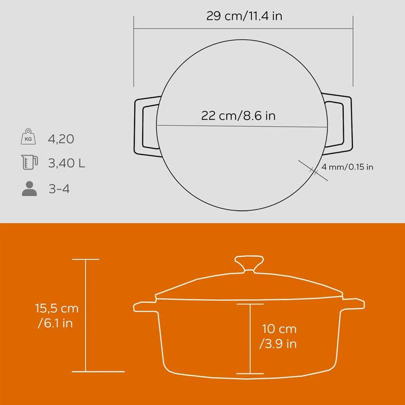 Кастрюля чугунная Lava 3,4л, цвет оранжевый