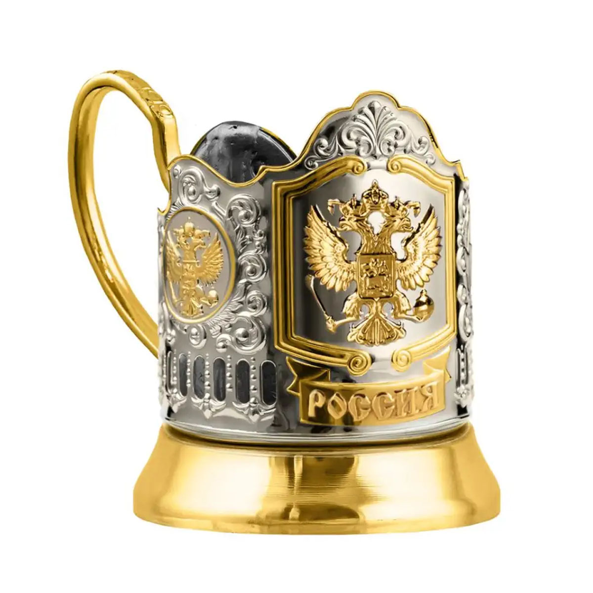 Стакан в подставканнике Кольчугинский Мельхиор Герб РФ никель с чернением