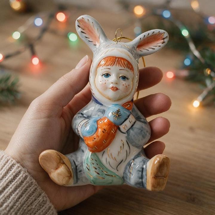 Елочная игрушка Лефортовский фарфор Малыш в костюме зайчика