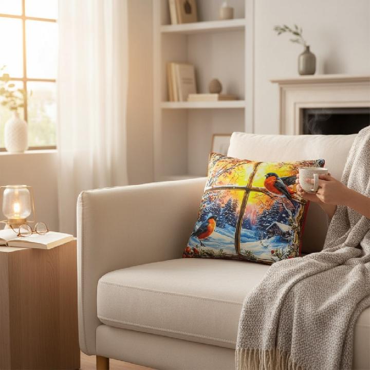 Подушка декоративная Фабрика Новый год Рождество, снегири за окном