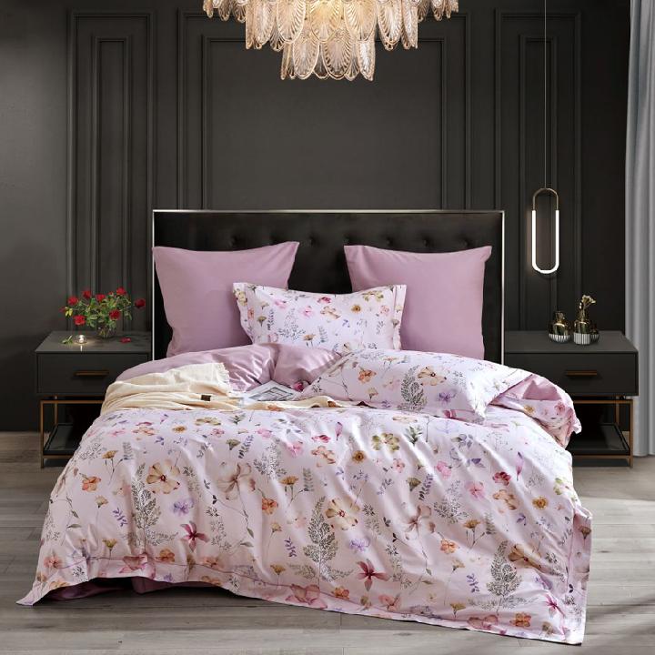 Комплект постельного белья евро Anabella Asabella цветы на бледно-розовом, простыня розово-сиреневая