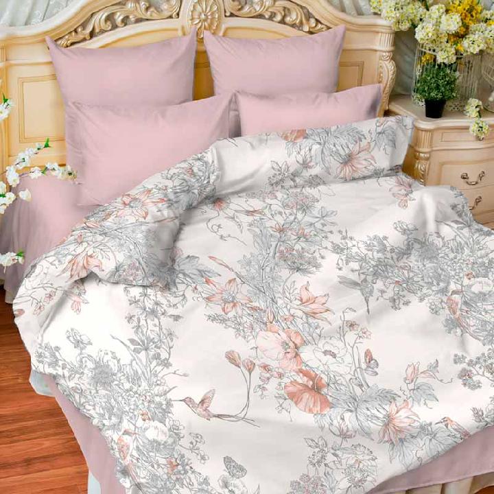 Комплект постельного белья семейный Balimena Colibri, белый с розовым
