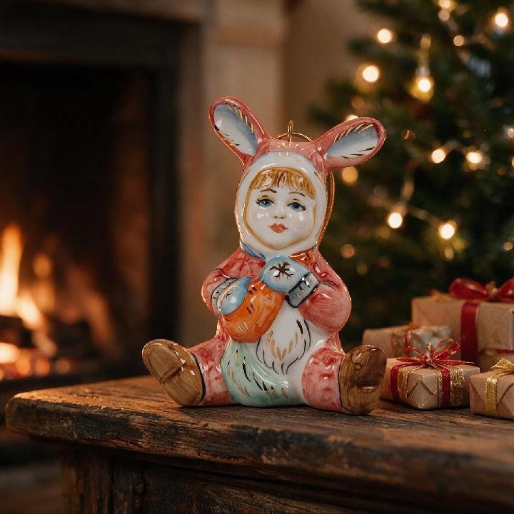 Елочная игрушка Лефортовский фарфор Малыш в розовом костюме зайчика
