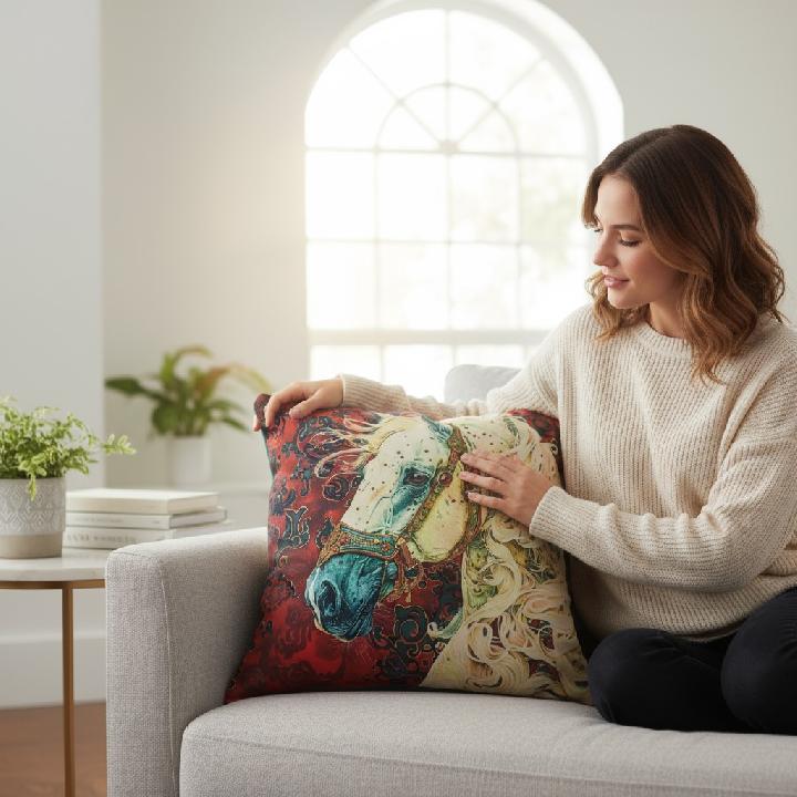 Подушка декоративная Фабрика Лошади Белый конь на красном фоне