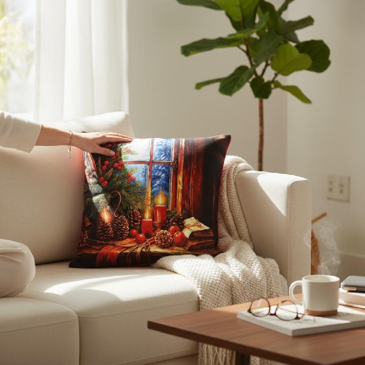 Подушка декоративная Фабрика Новый год Рождественские красные свечи на окне