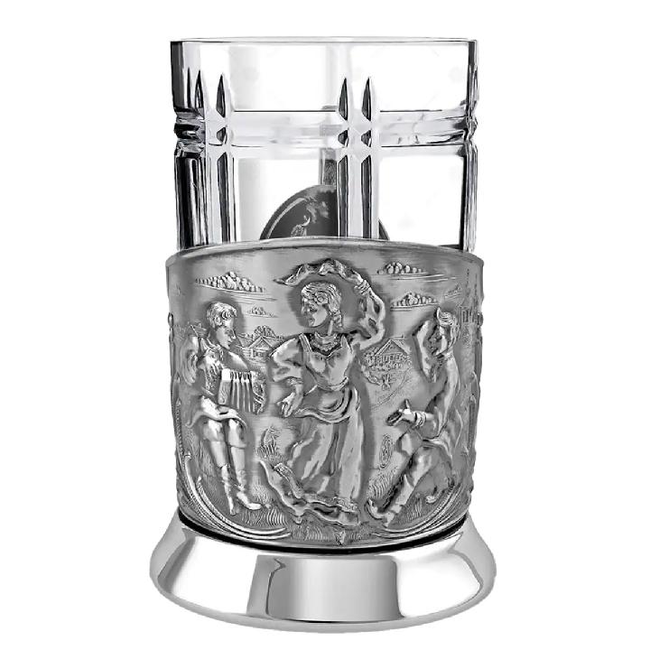 Стакан в подставканнике Кольчугинский Мельхиор Русские пляски никель с чернением