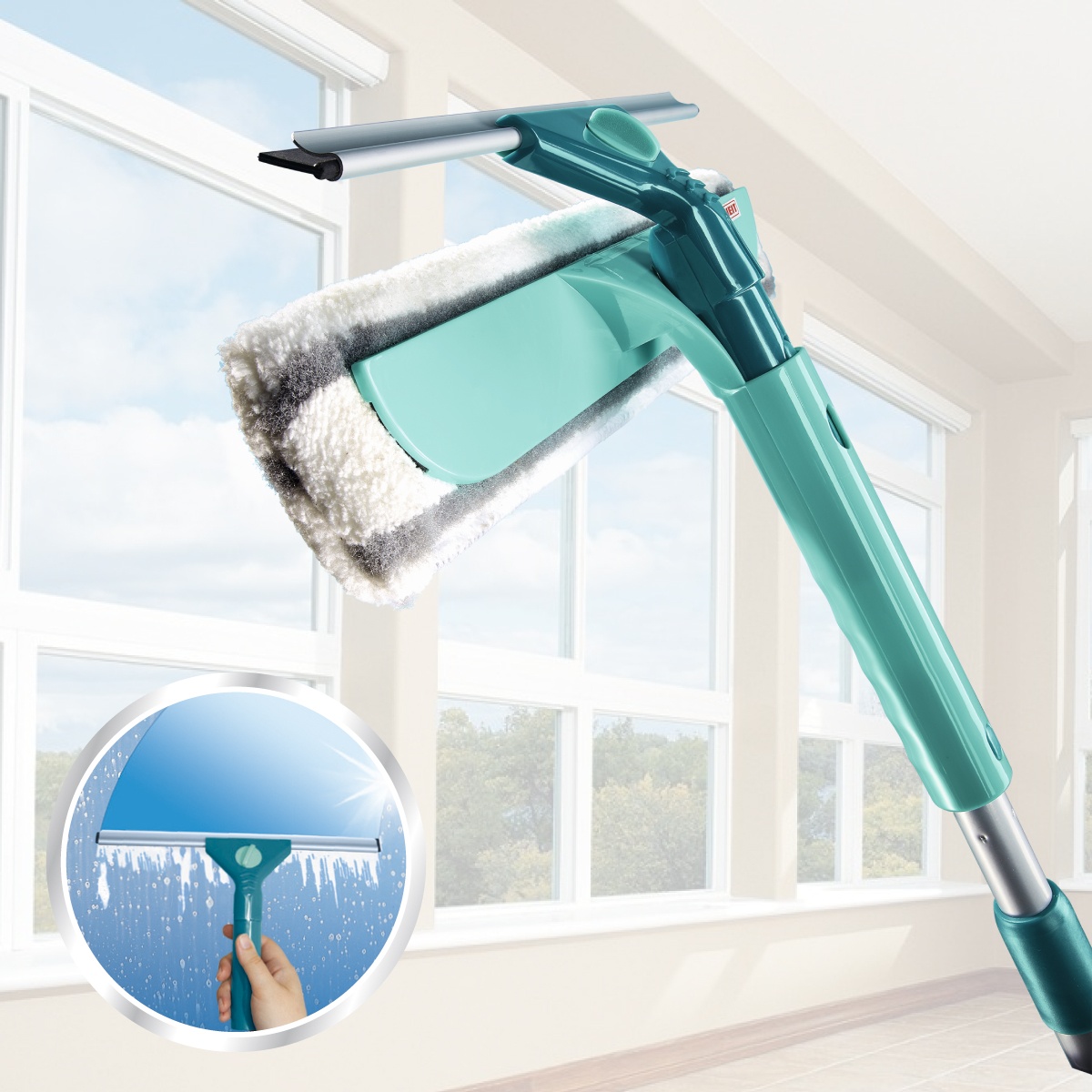 Щётка для мытья окон с губкой и телескопической ручкой Leifheit Basic Wet & Dry (100-155см)