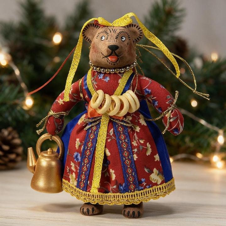 Елочная игрушка Кукольная мастерская на Ланском Медведица Маша с чайником и баранками