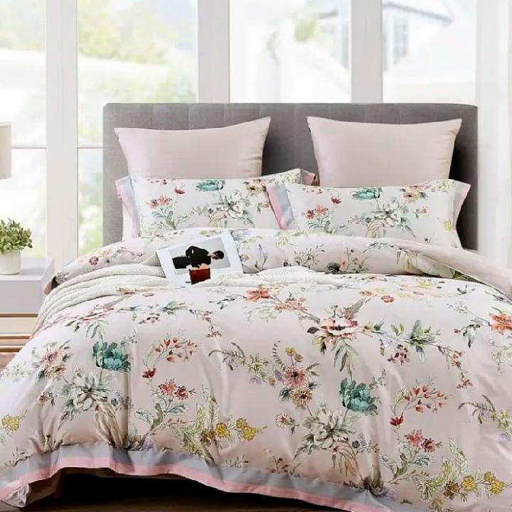 Комплект постельного белья евро Anabella Asabella, цветы на светло-бежевом