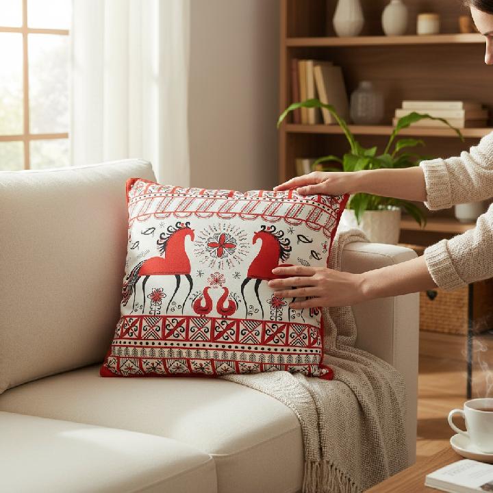 Подушка декоративная Фабрика Узоры Мезенская роспись, два коня