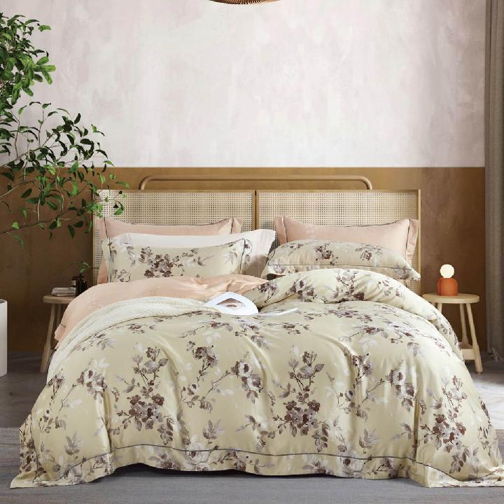 Комплект постельного белья евро Asabella, цветы на жемчужно-бежевом