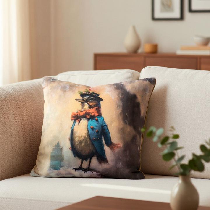 Подушка декоративная Фабрика Стильные птички Птичка в пальто и в шляпке