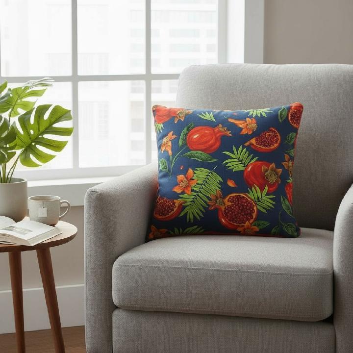 Подушка декоративная Фабрика Цветы Гранаты на синем