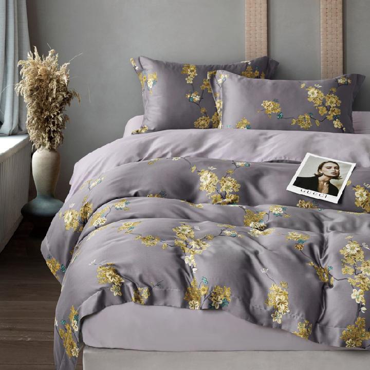 Комплект постельного белья евро Anabella Asabella цветы на темно-сером, простыня светло-серая